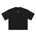 Black t-shirt with a logo on the chest against a white background