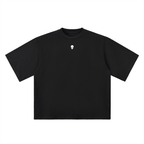 Black t-shirt with a logo on the chest against a white background
