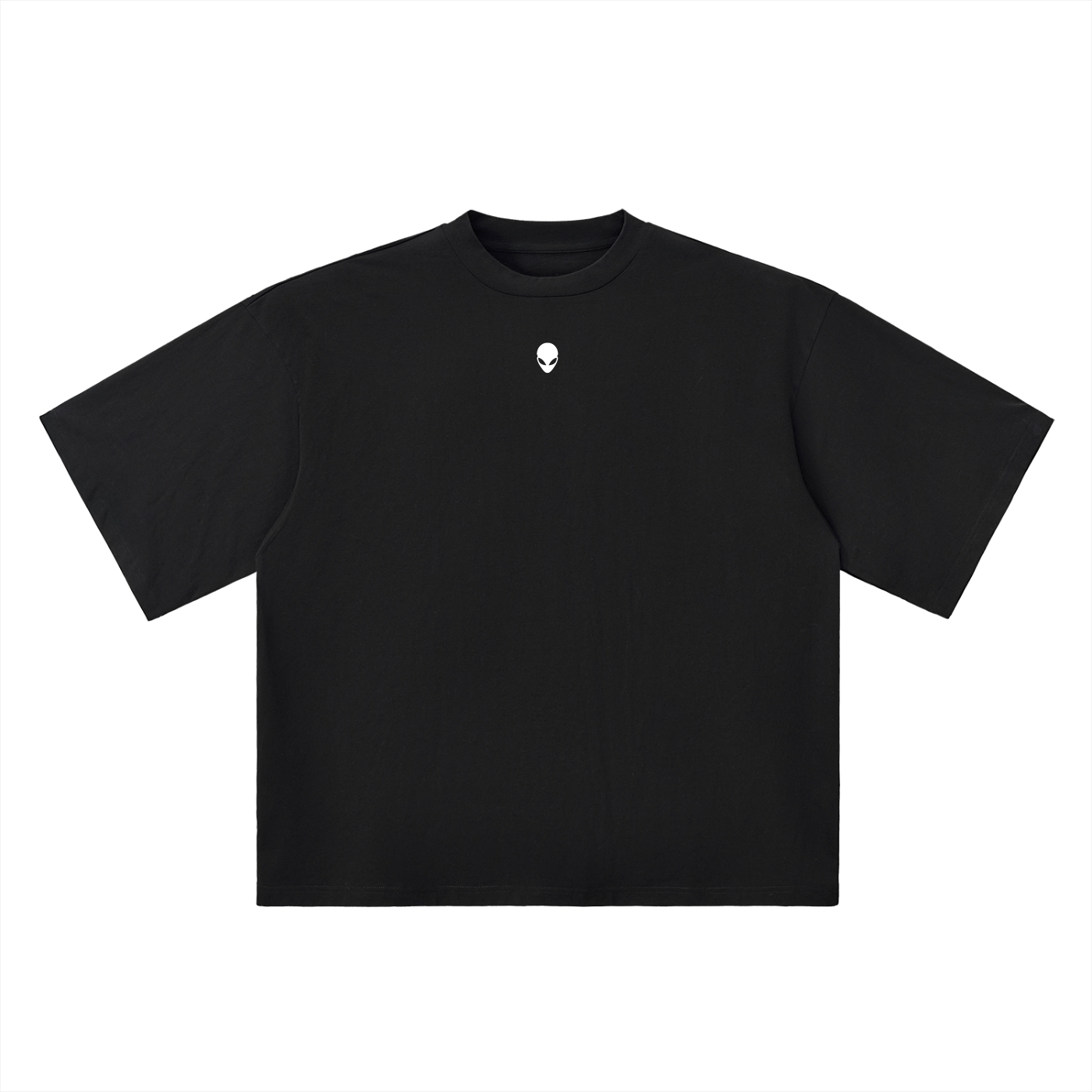 Black t-shirt with a logo on the chest against a white background